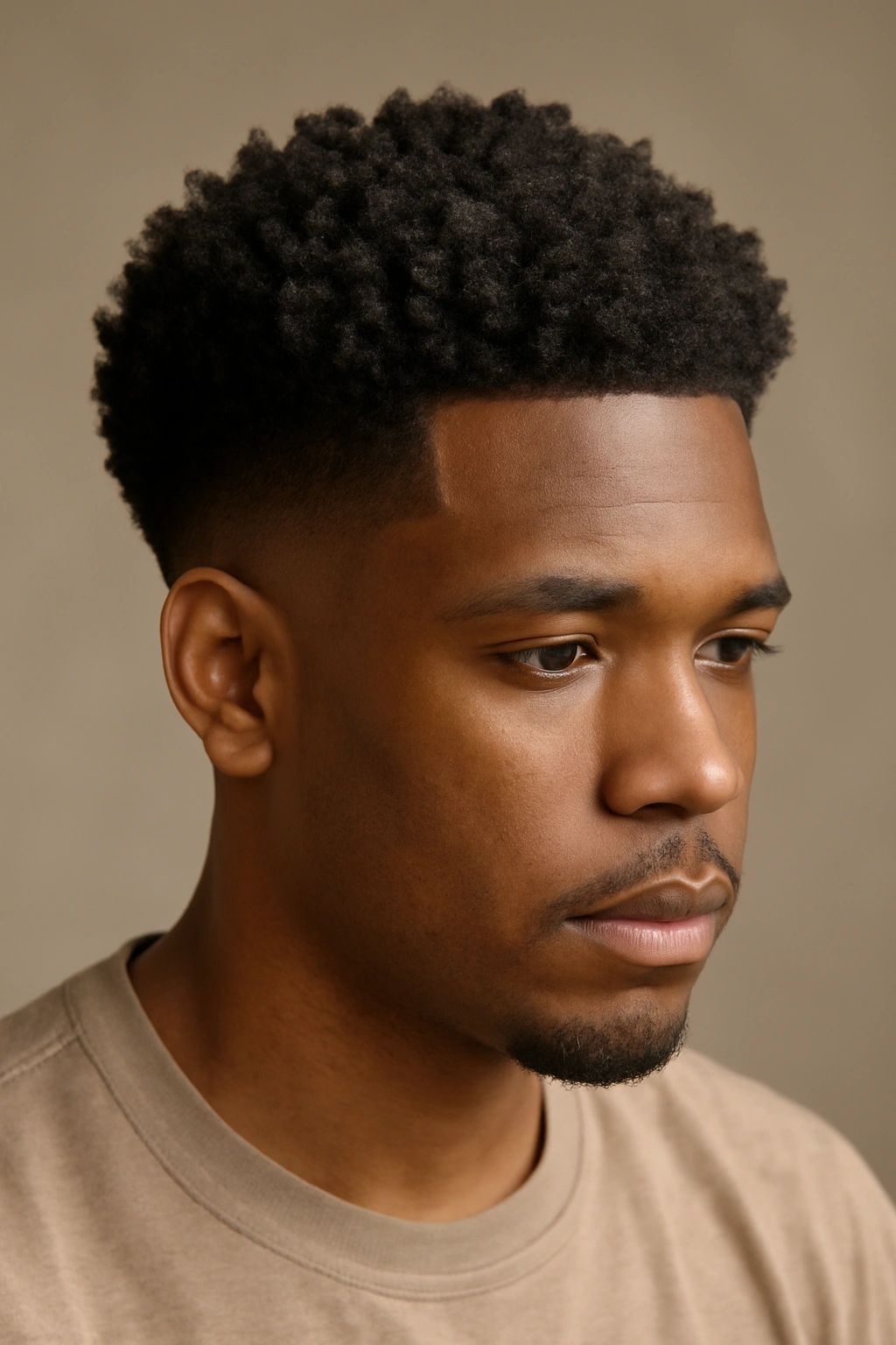 Rounded taper fade with minimal crown cutting on Type 4B coils
