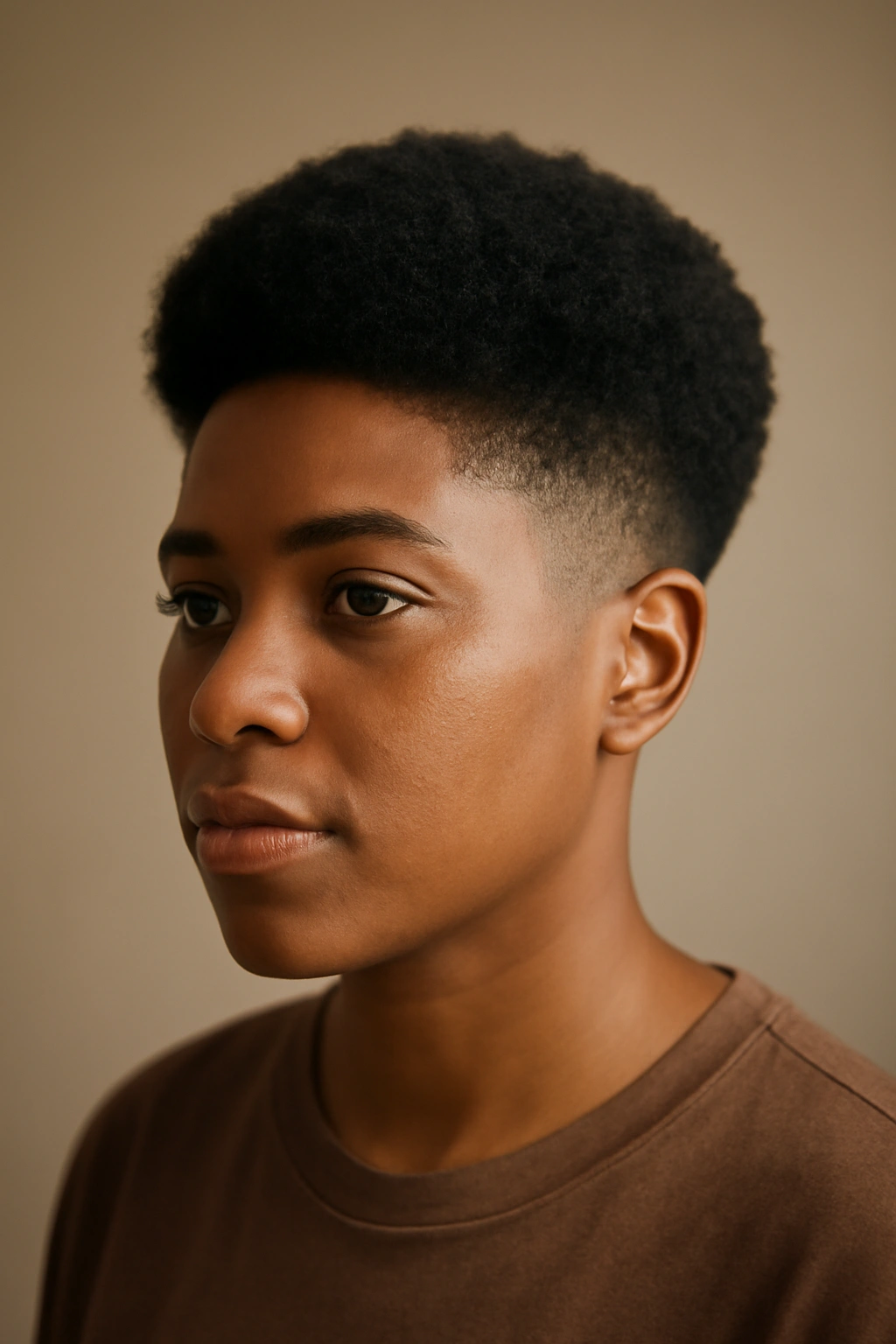 Portrait of a person with a rounded taper and soft blend, showing versatile hairstyle.