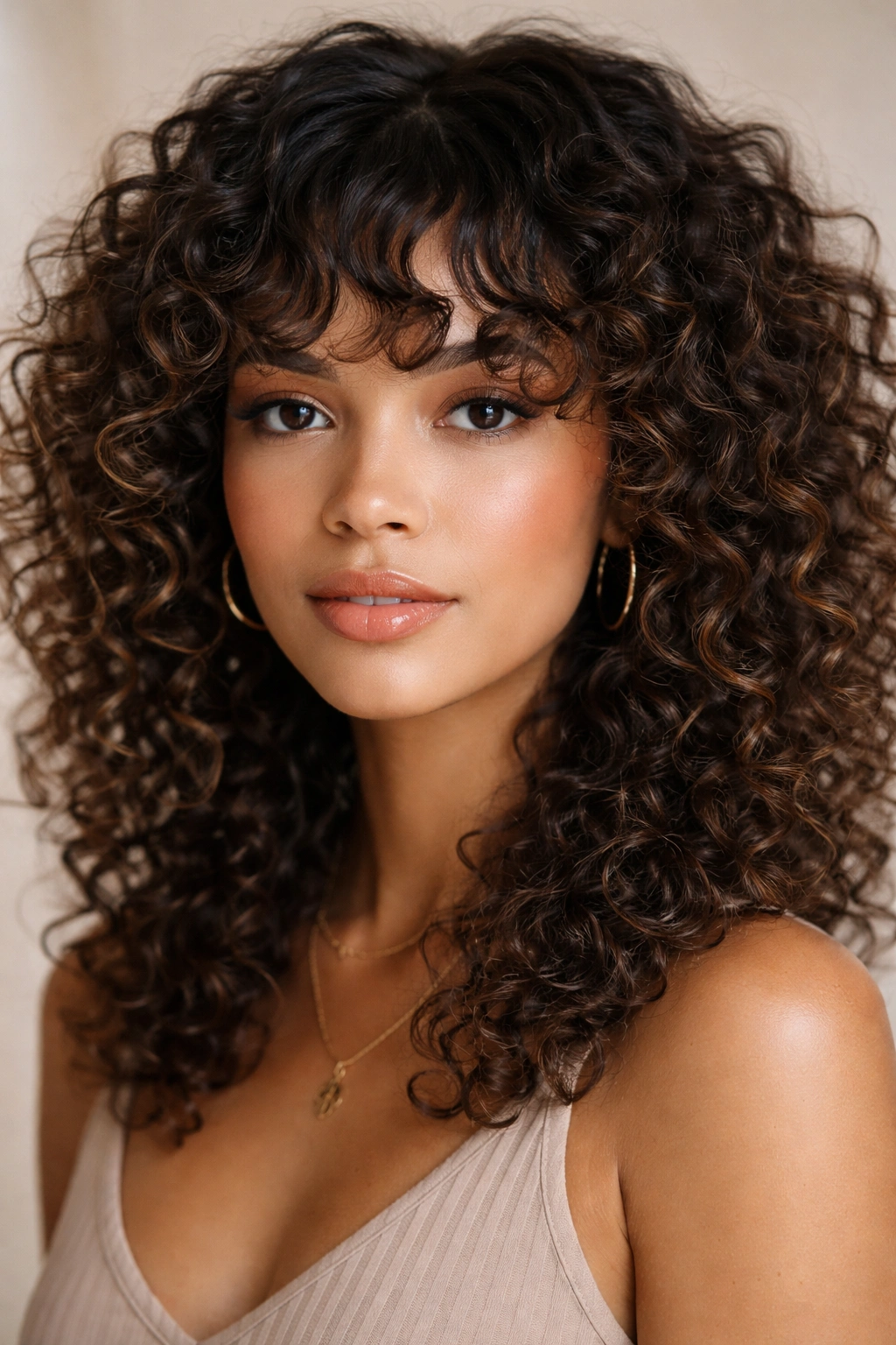 Scalloped bangs with curved edge on curly hair
