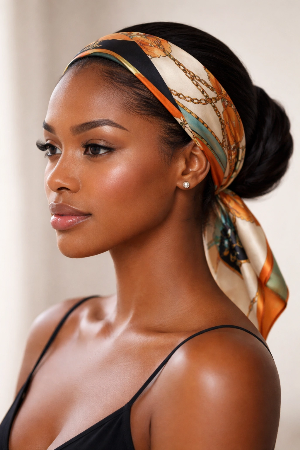 Close-up of a head wrapped with a silk scarf, pushback hairstyle