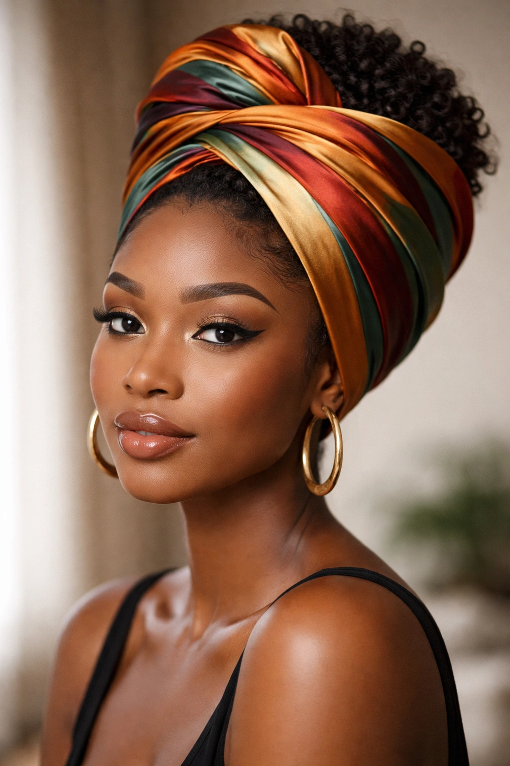 Head wrapped in a colorful scarf in a protective wrap styling.