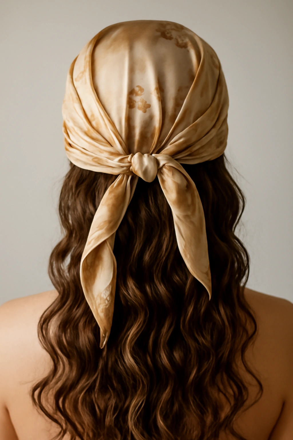 Head wrapped in silk scarf creating defined waves