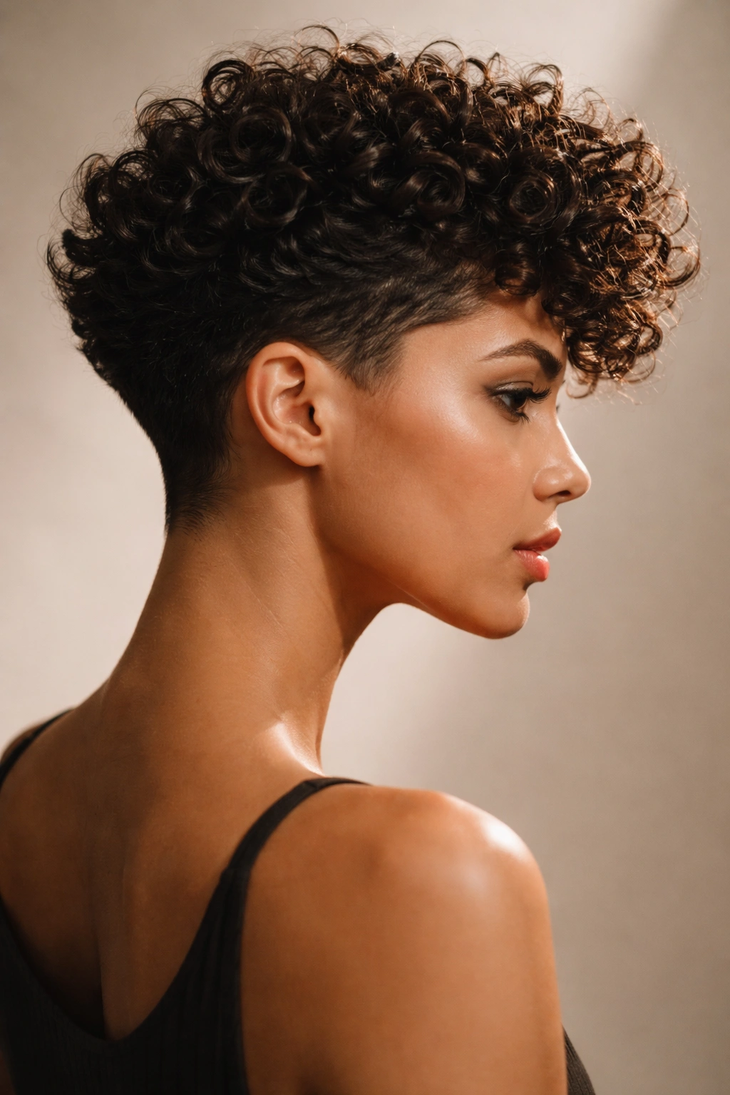 Portrait of a person with a sculpted curl crop showing architectural lines and defined silhouette.