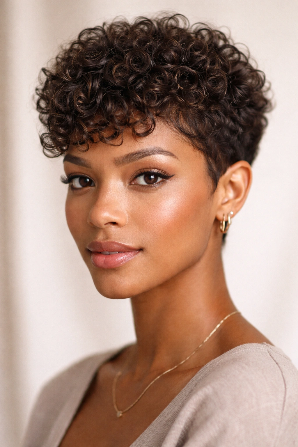 Close-up of sculpted curl pattern pixie with defined natural curls