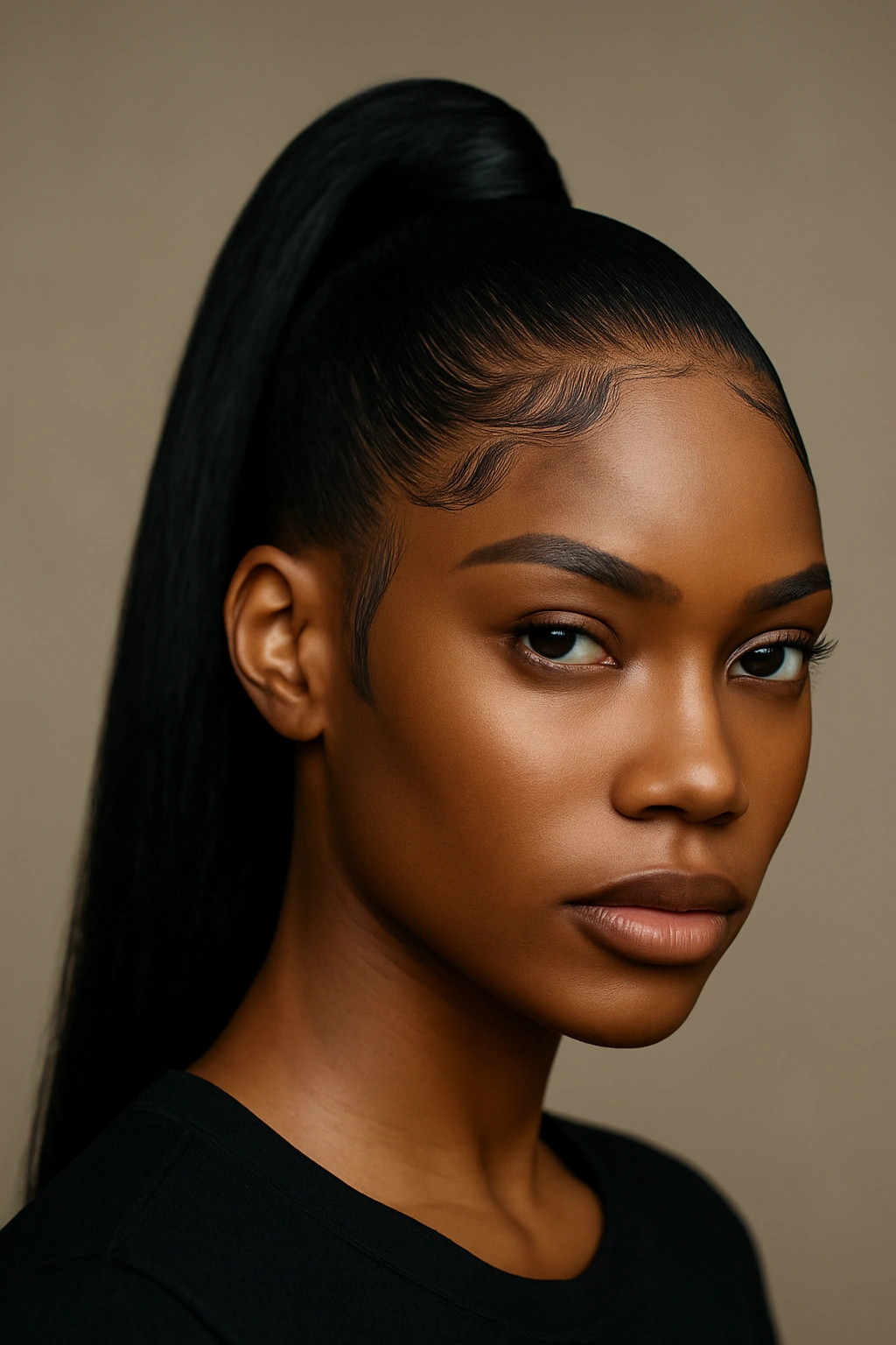 Close-up portrait of a Black woman with a high pony and sculpted edge pattern.