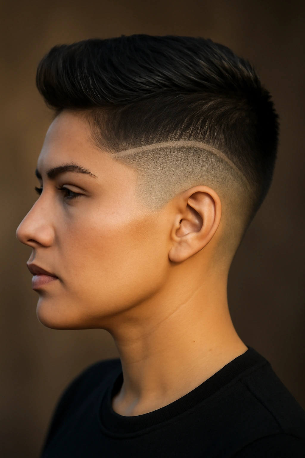 Latina woman with a sculpted fade on the sides and longer top hair.