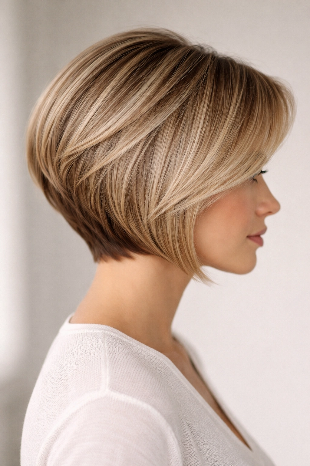 Portrait of a model with sculpted layered angled bob showing precise layering and silhouette