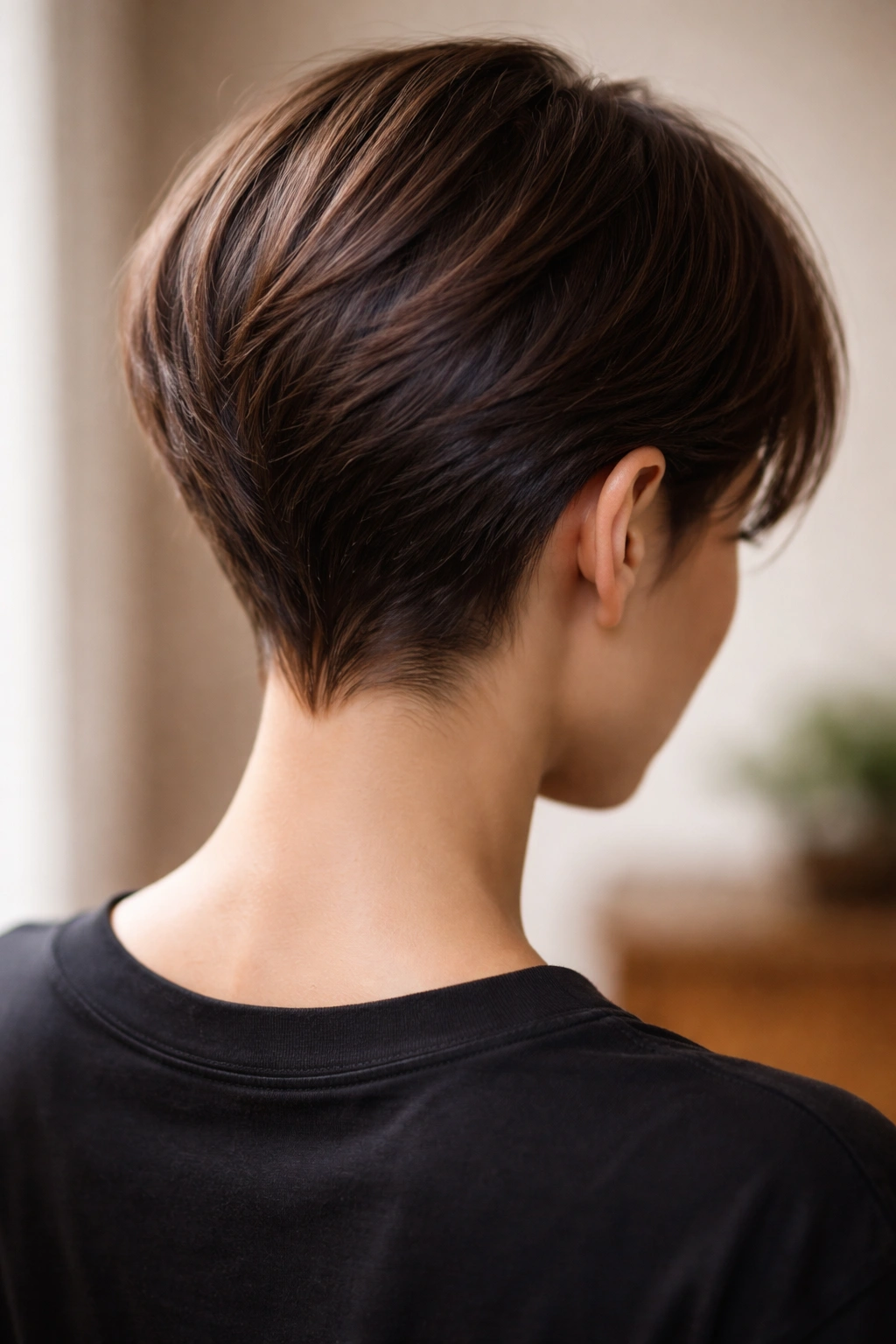 Back view of a short haircut with sculpted nape details