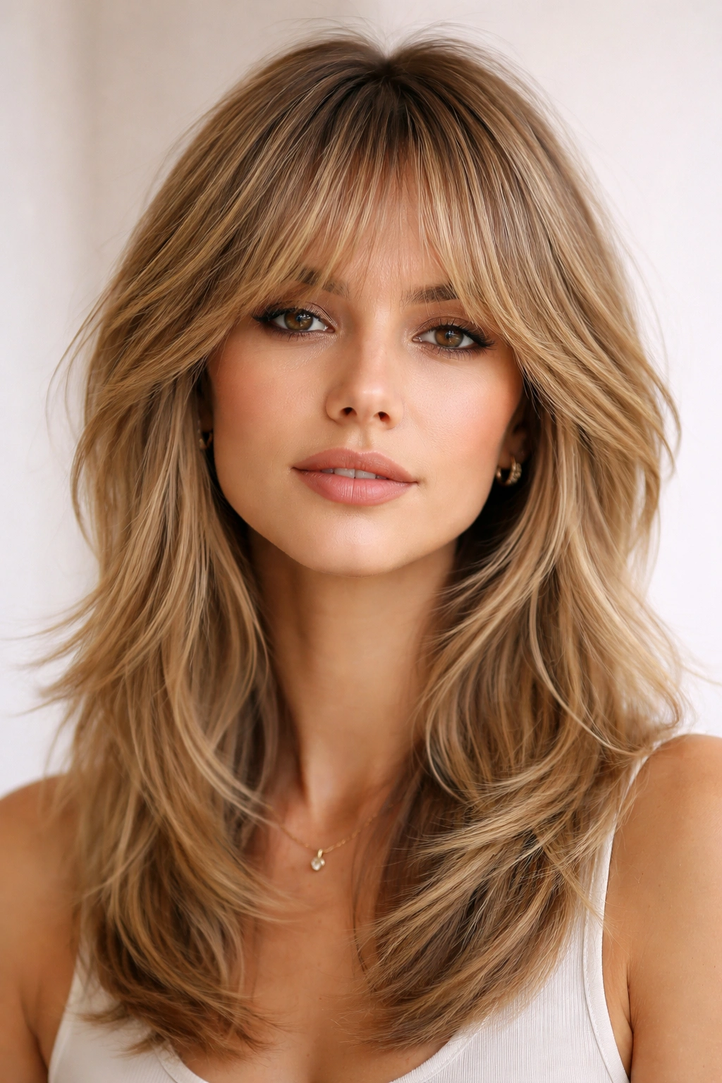 Head-and-shoulders portrait showing seamless blended shag with smooth texture.