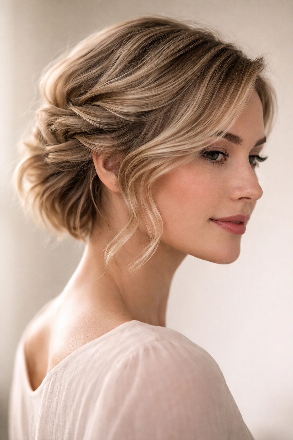 Side view of loose waves secured with several small pins to create a subtle, directional updo