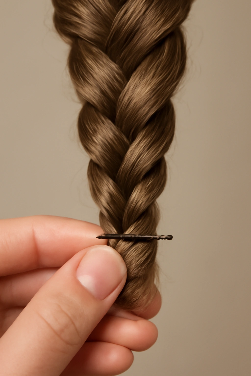 Spiral braid ends secured with a pin, tucked neatly underneath