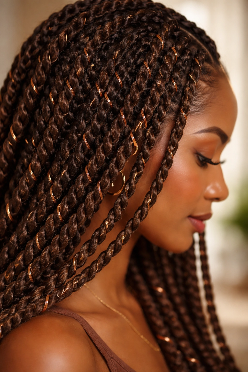 Close-up of Senegalese twists with copper threads woven through, rope-like texture.