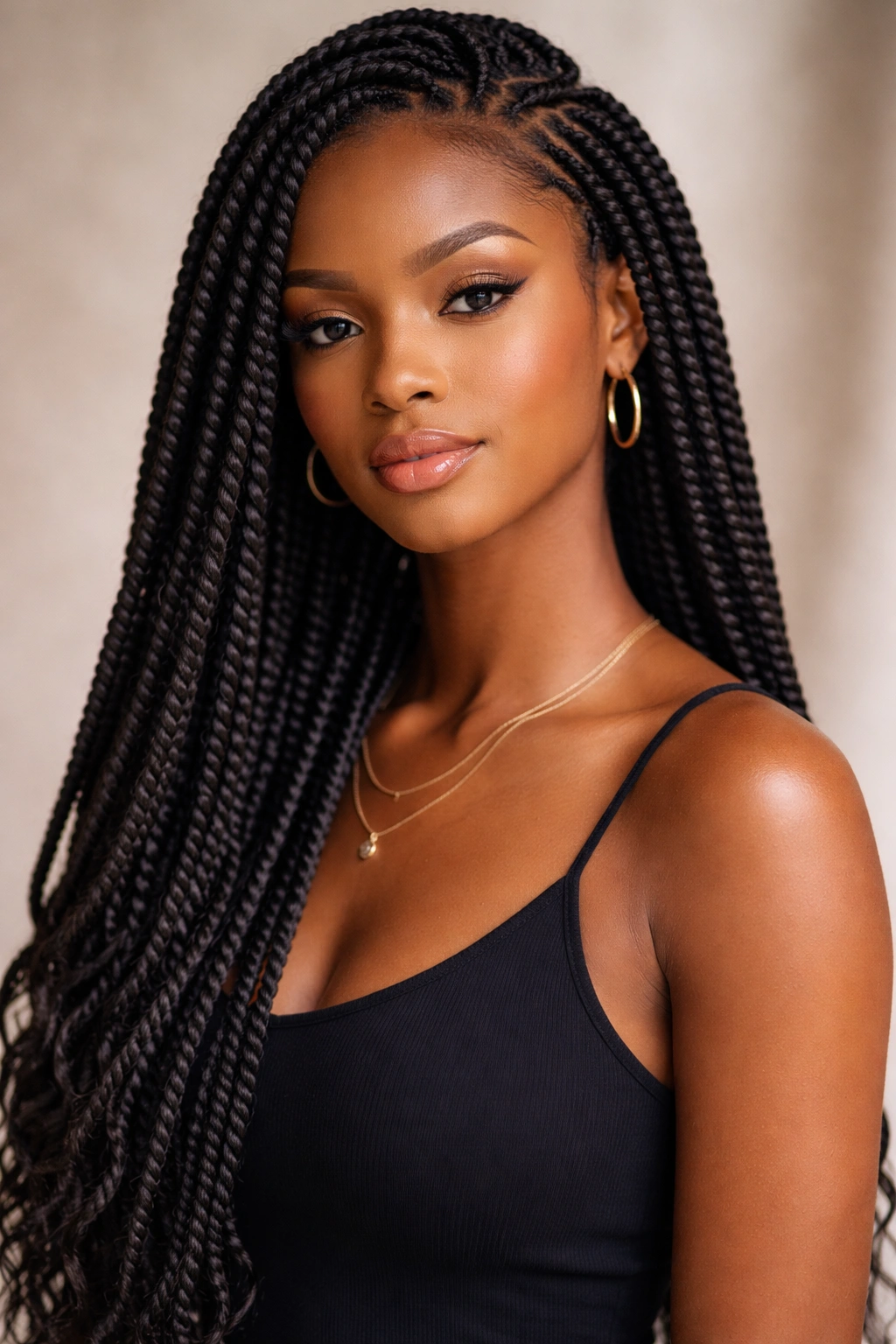 Long Senegalese twists in a refined, elegant look