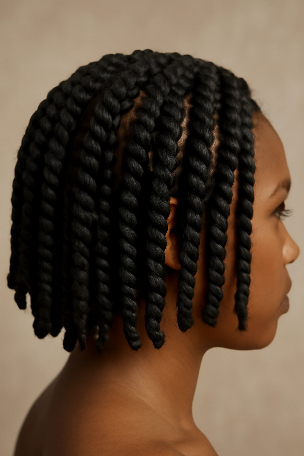 Close-up of thick Senegalese twists with extensions in studio lighting.