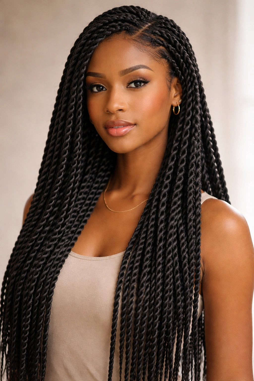 Close-up of long rope-like Senegalese twists with extensions cascading over shoulders