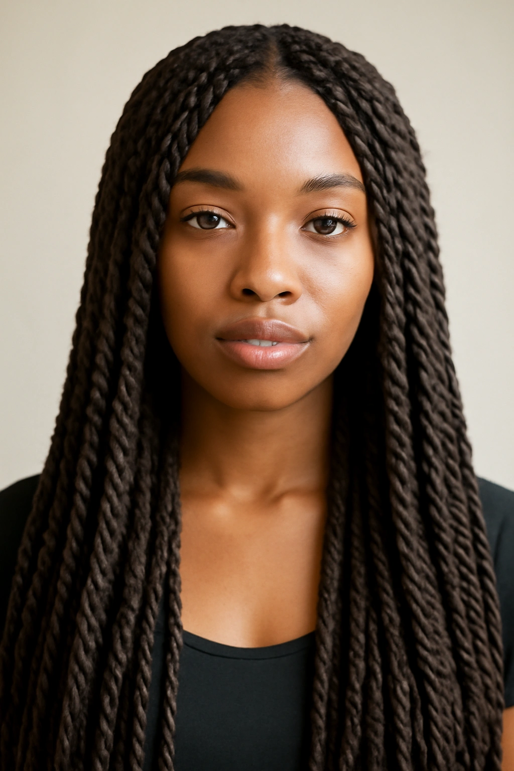 Front-facing portrait of tightly twisted Senegalese twists with extensions.