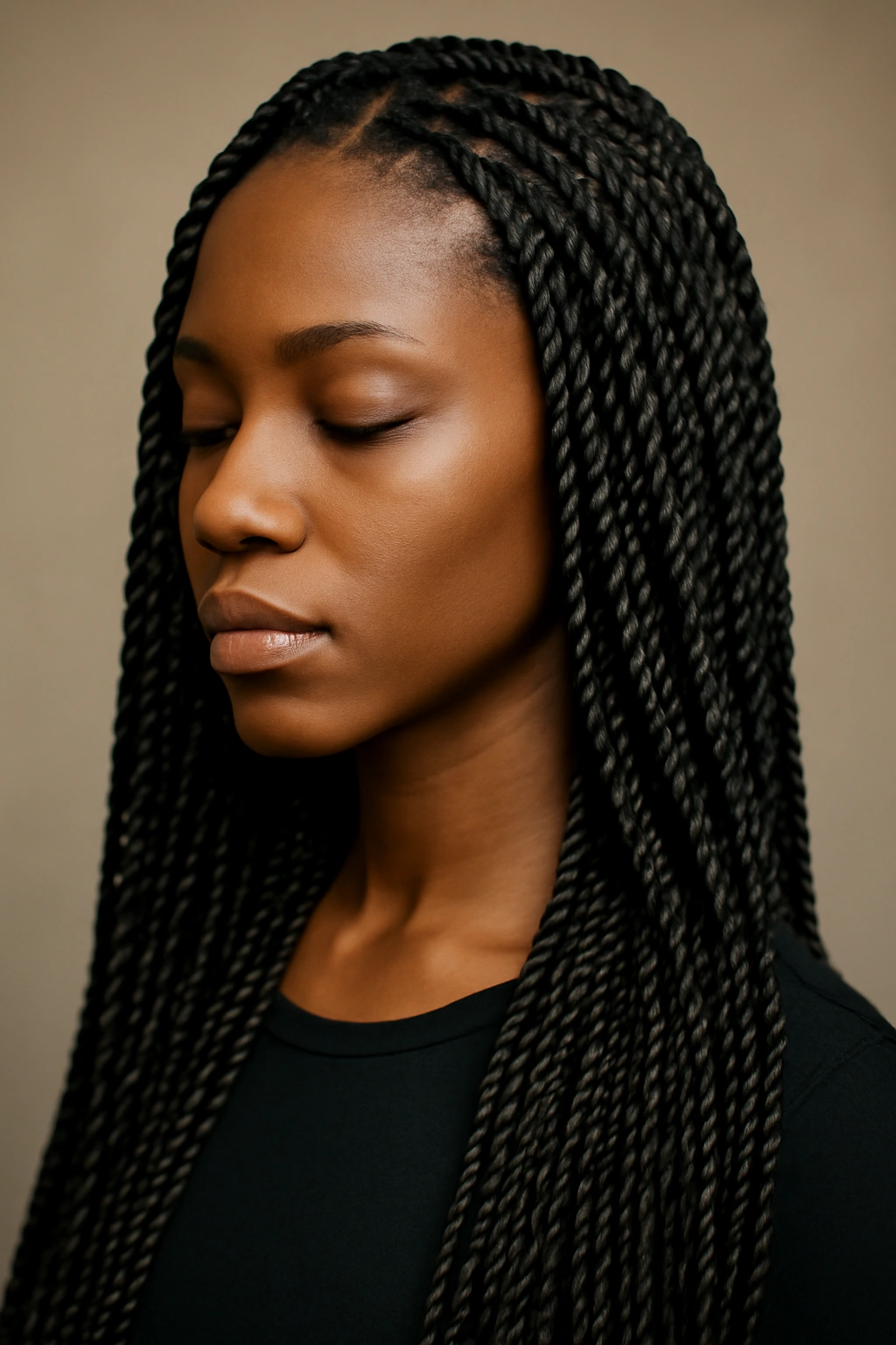 Close-up of glossy Senegalese twists with rope-like texture wrapped around natural hair