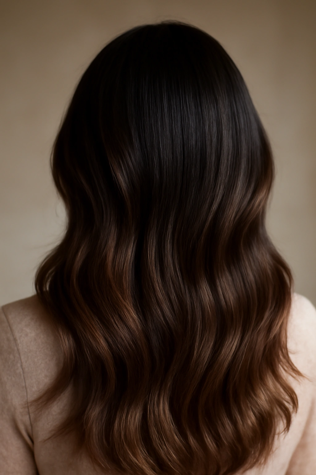 Shadow-rooted dark chocolate hair gradient from roots to ends