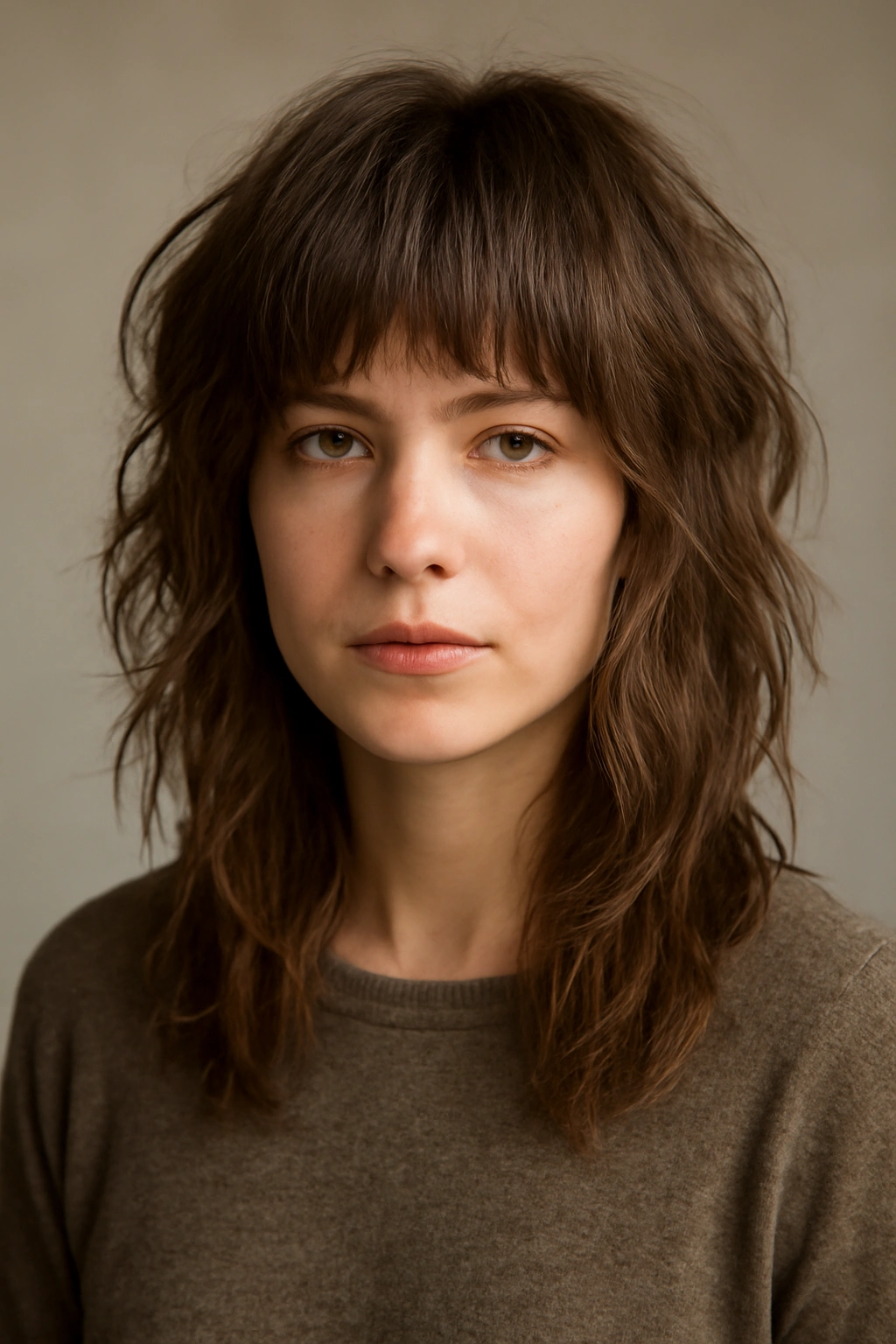 Front-facing shot of The Shag with Bangs showing shaggy layers and a short, choppy fringe