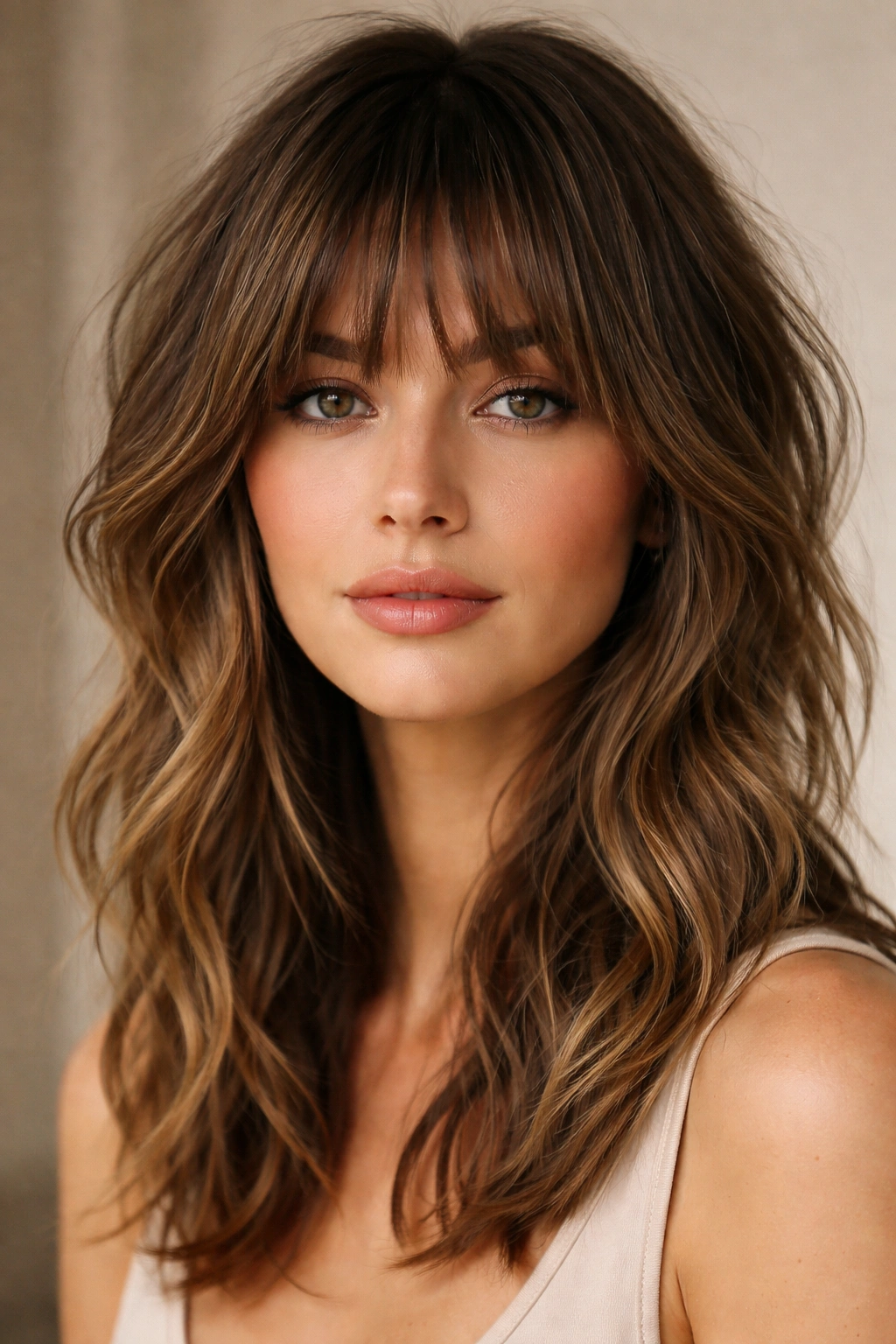 Close-up of textured shag bangs on medium-length hair