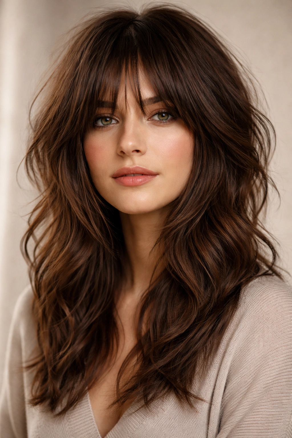 Shag with bangs on thick hair, bangs framing the face.