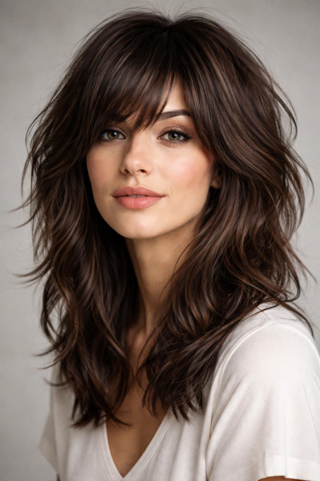 Close-up of thick hair styled in a modern shag with side-swept bangs, highlighting texture.