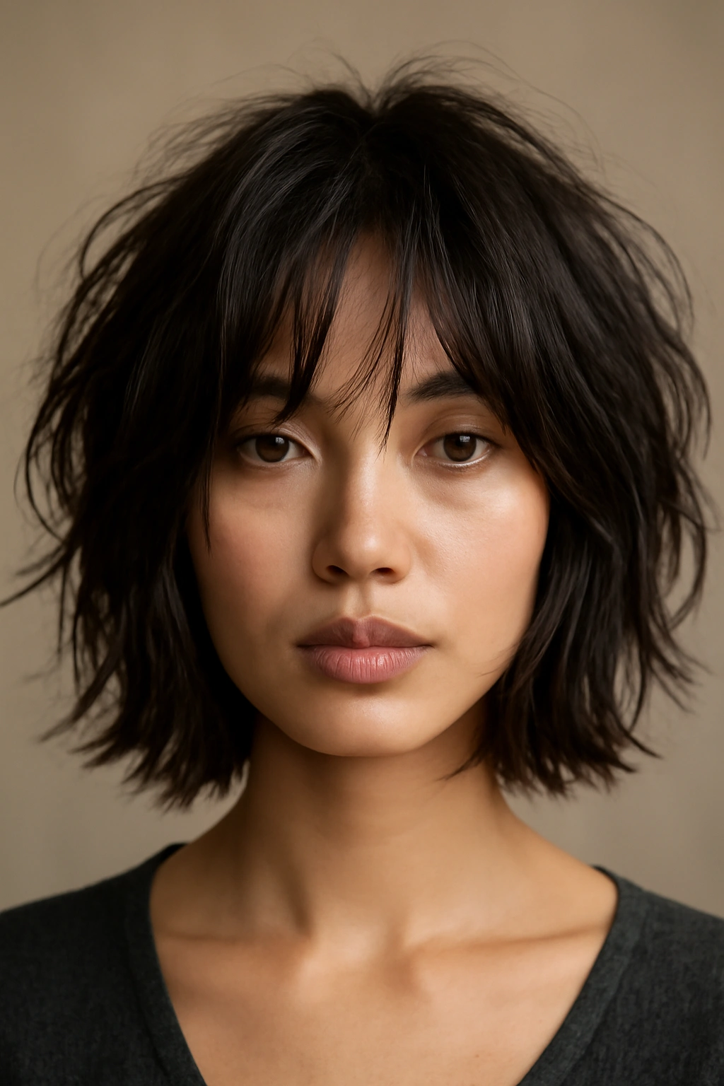 Close-up of a tousled shag bob with disconnected layers and textured movement