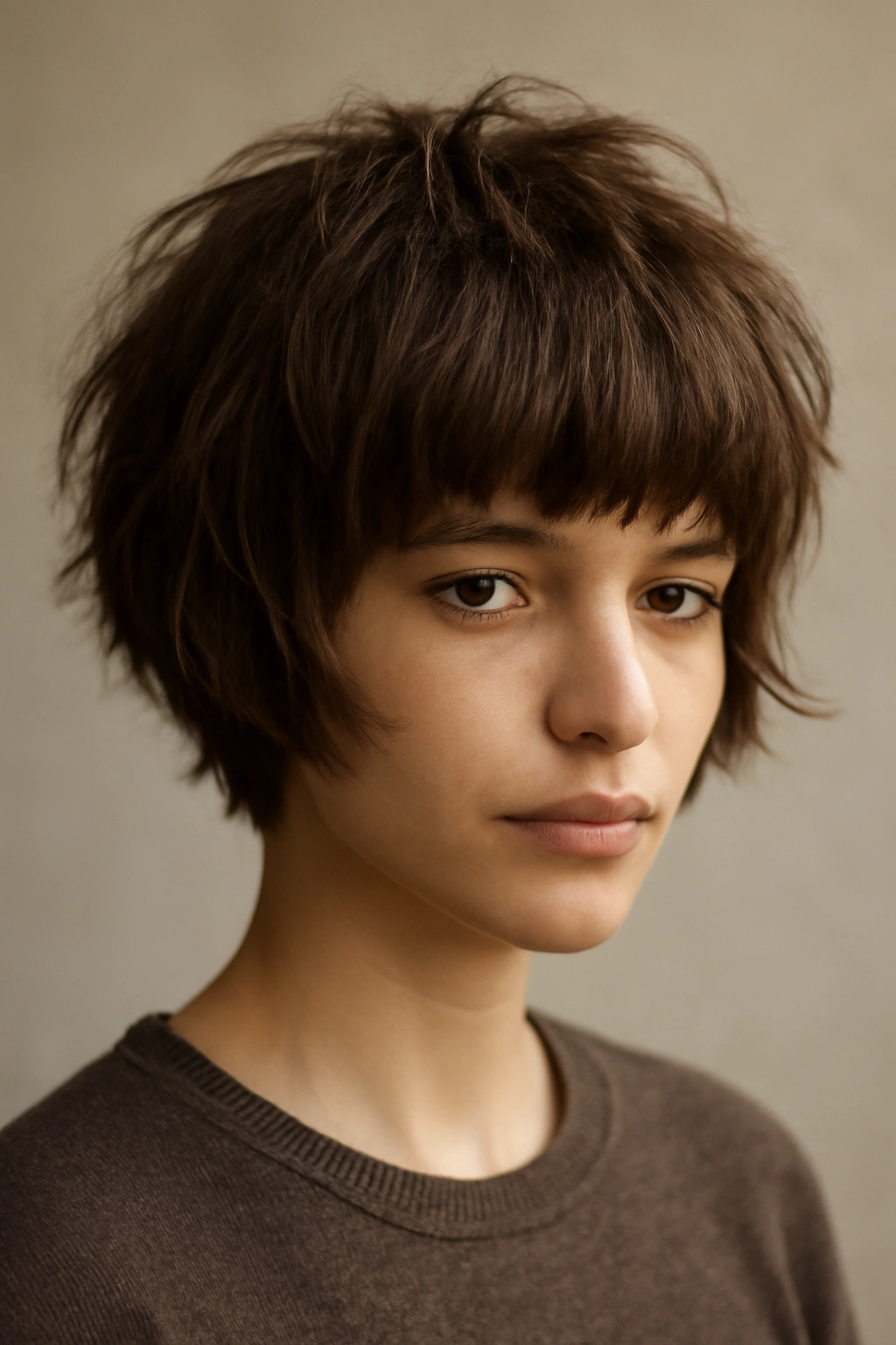 Close-up of shaggy bowl hybrid haircut with feathered layers