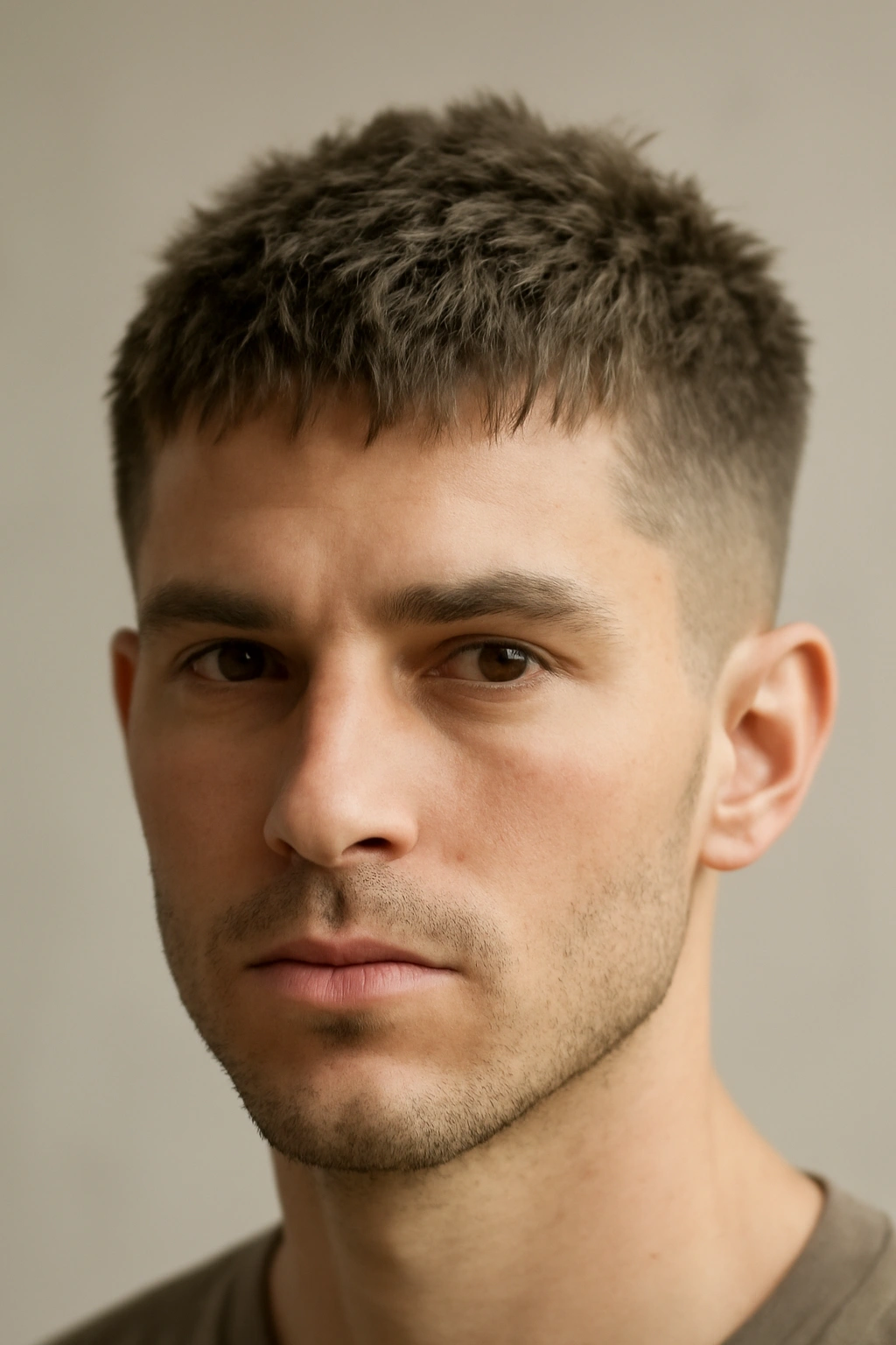 Close-up of a head with a shaggy buzz cut showing choppy texture on very short hair.
