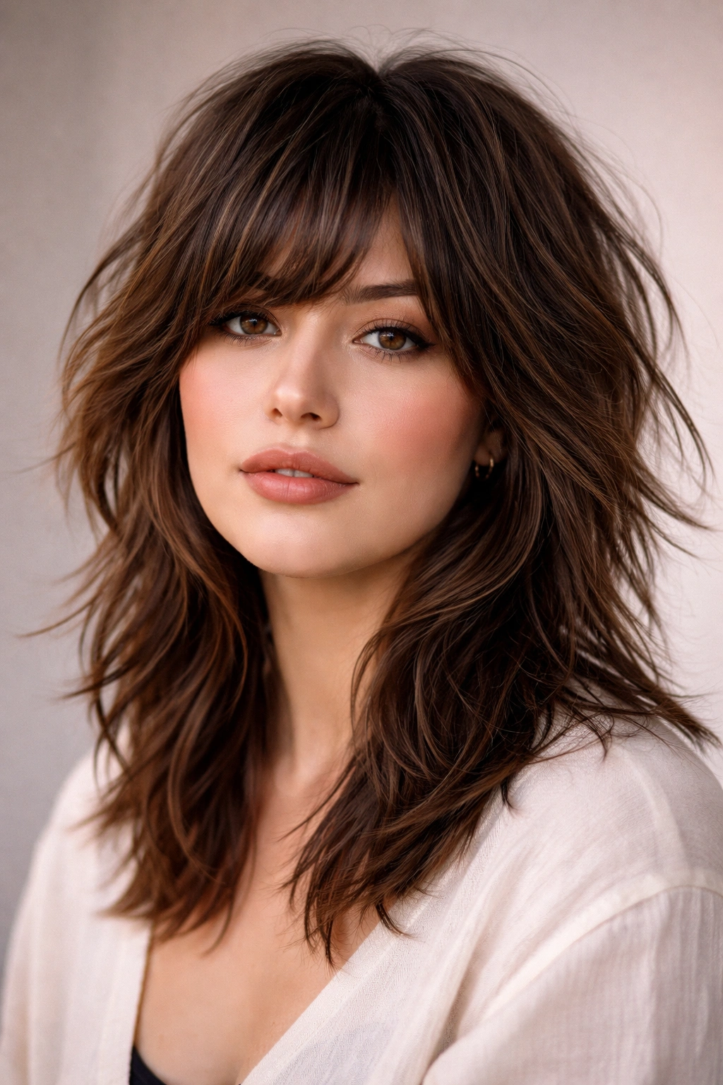 Shoulder-length shag with choppy layers framing the face