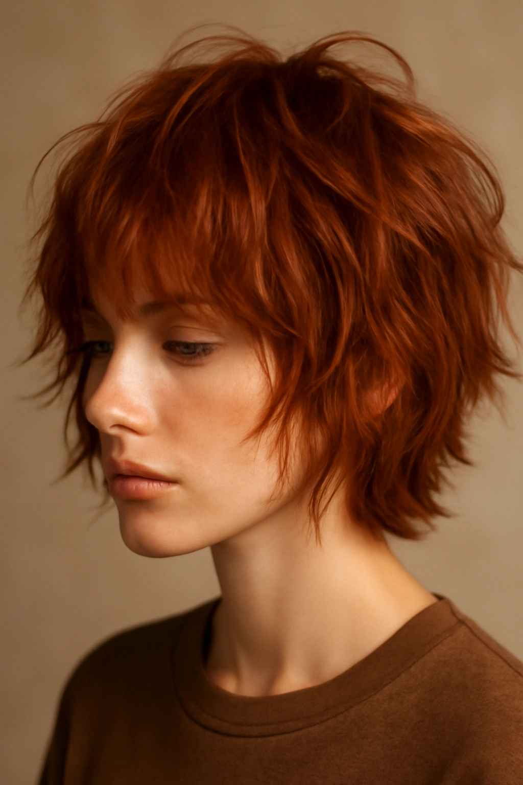 Close-up of a tousled shag haircut in copper red showing movement
