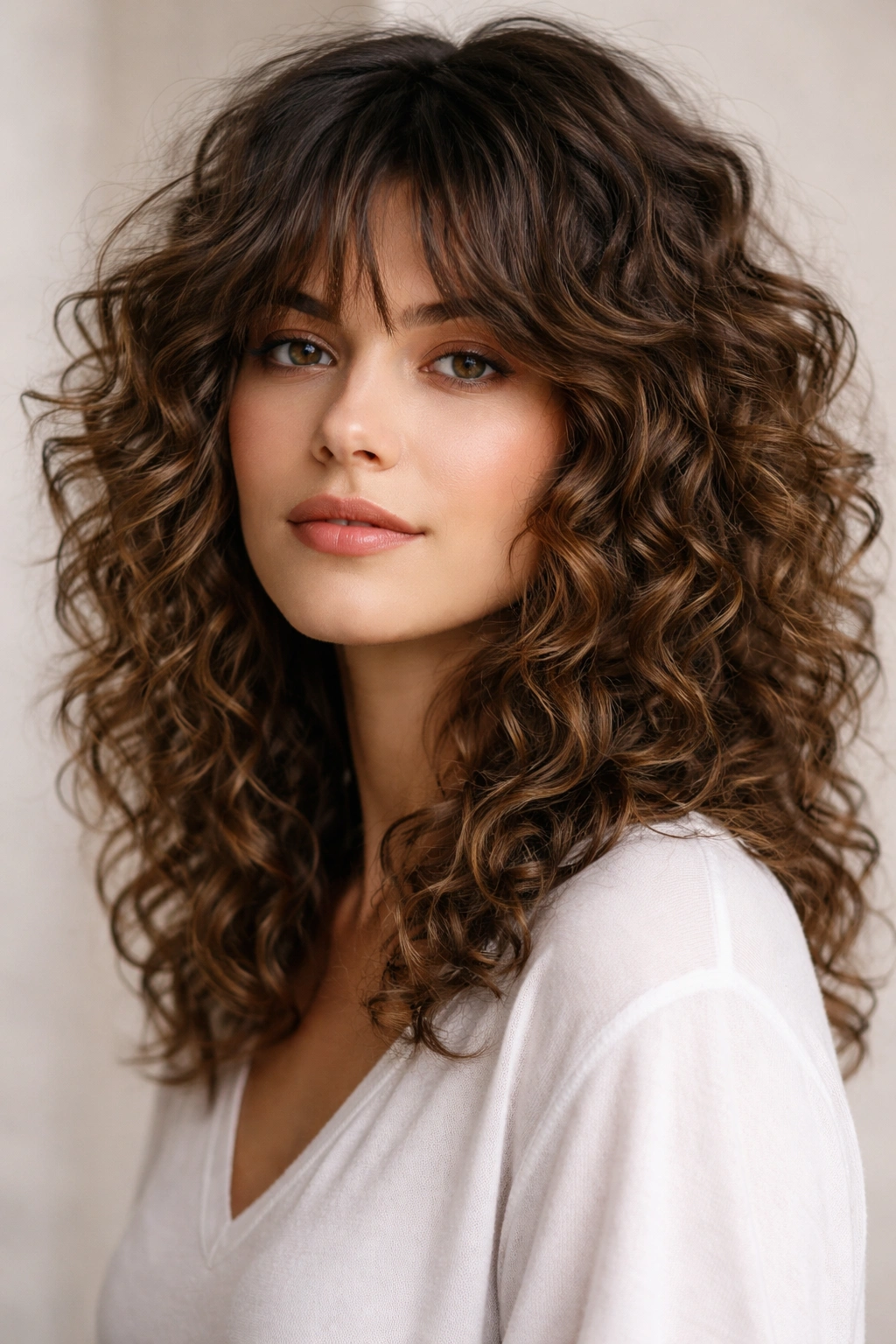 Portrait of curly hair with longer curved bangs blending into shag framing layers