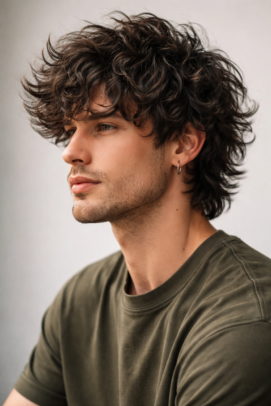 Portrait of man with layered shag haircut for curly hair showing volume