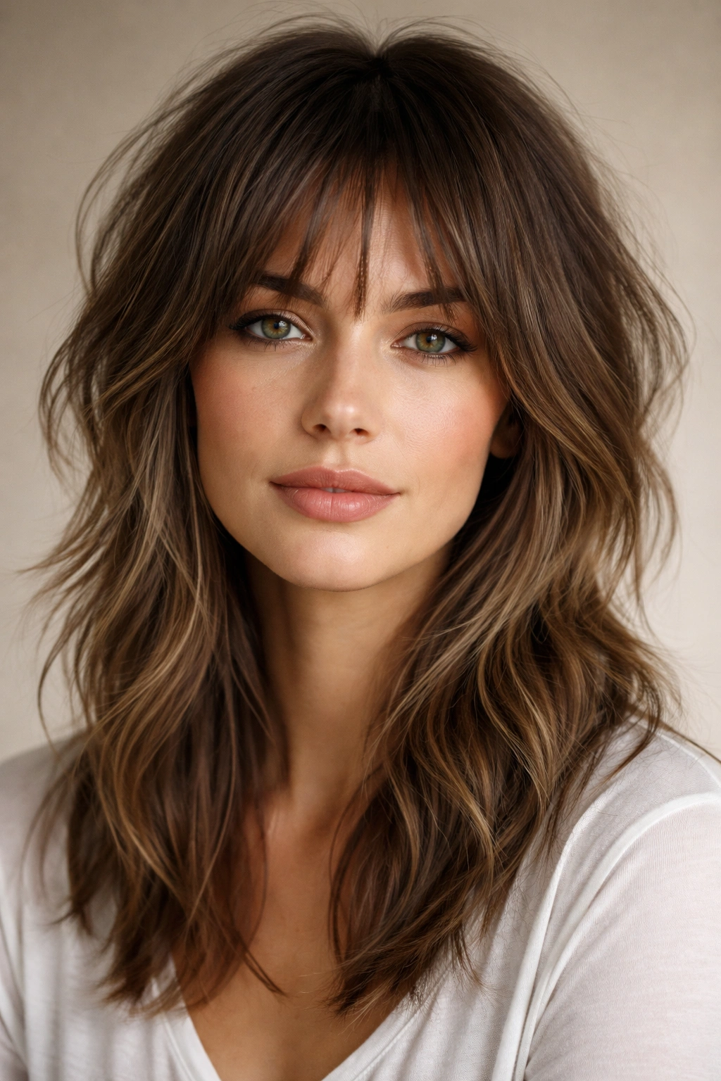 Portrait of a person with a modern shag cut highlighting layered texture and volume