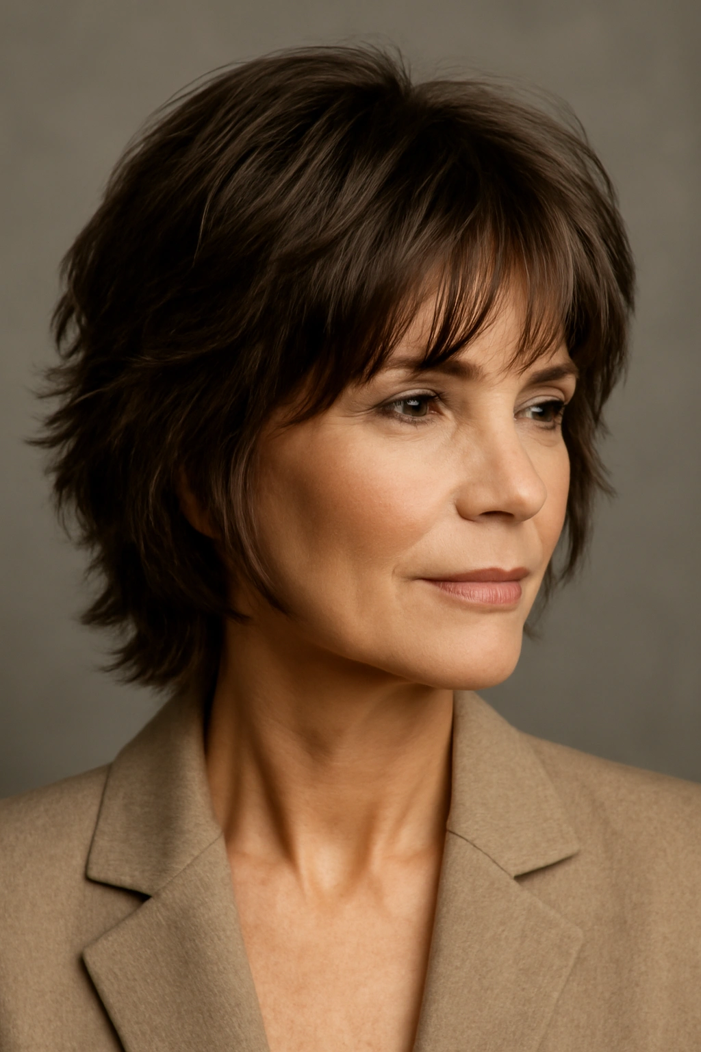 Close-up of Sophisticated Shag Cut with mid-cheek layers and crown texture