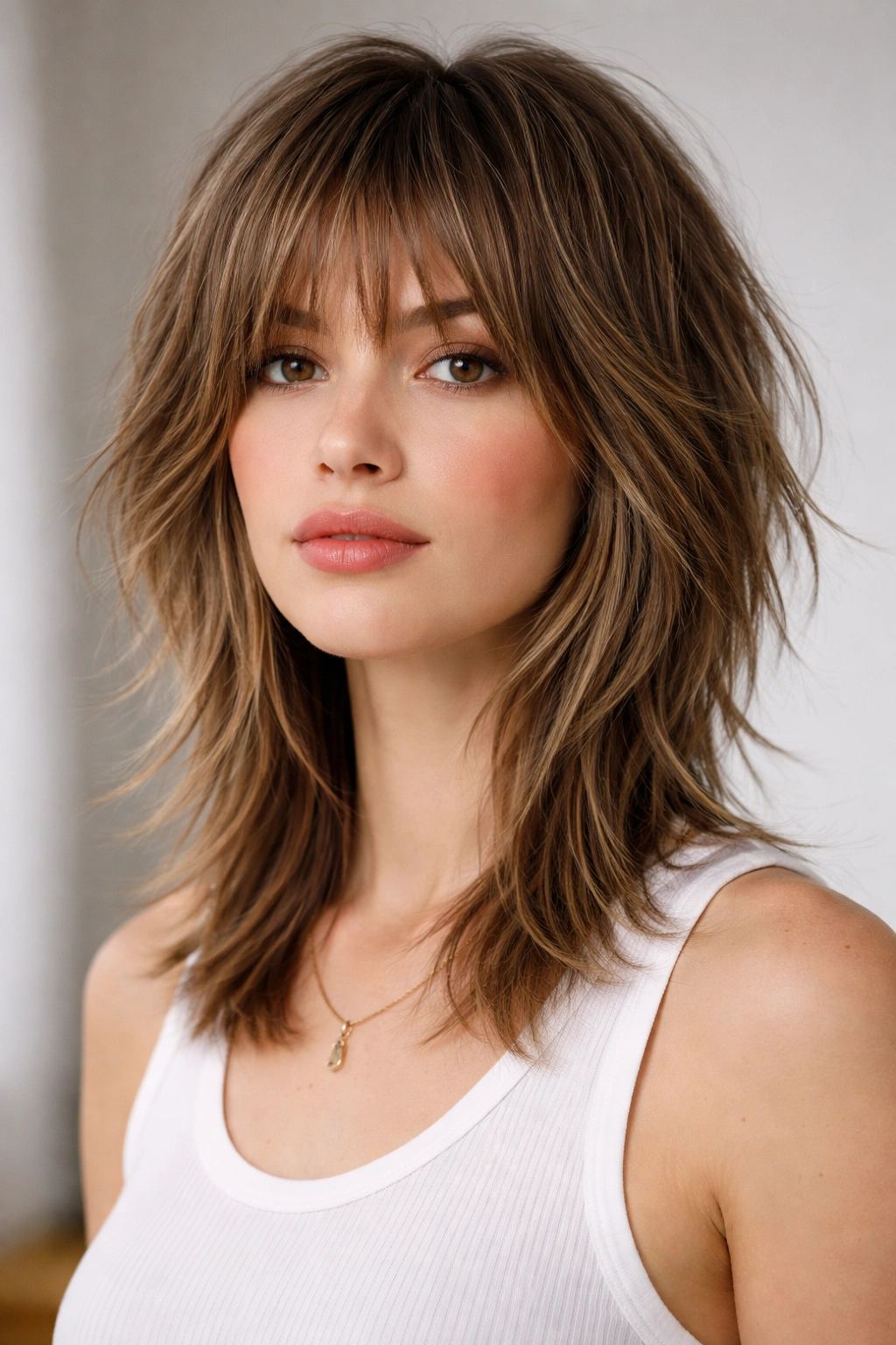 Portrait of a person with a modern shag cut showing layered texture on straight hair