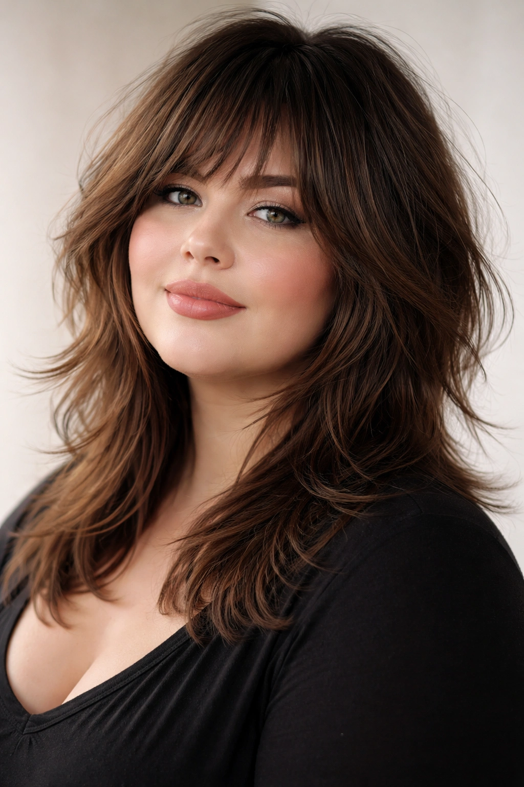 Shag cut hairstyle on a round-faced plus-size model in a studio portrait, layered feathered texture with crown volume