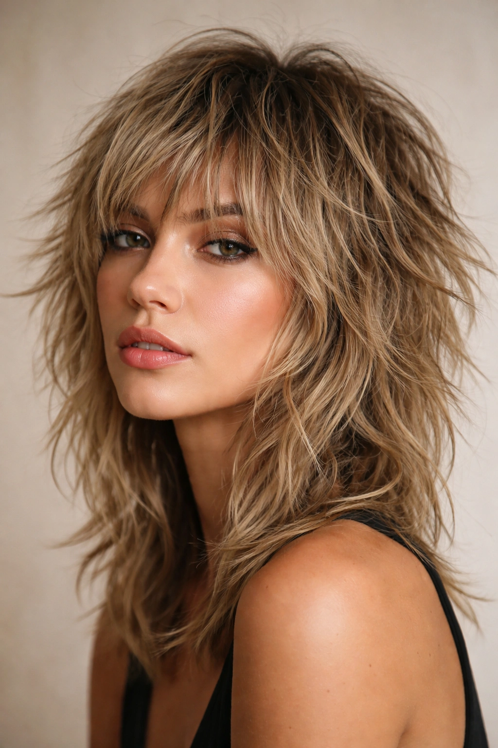 Close-up of a tousled shag hairstyle with choppy layers and matte texture paste.