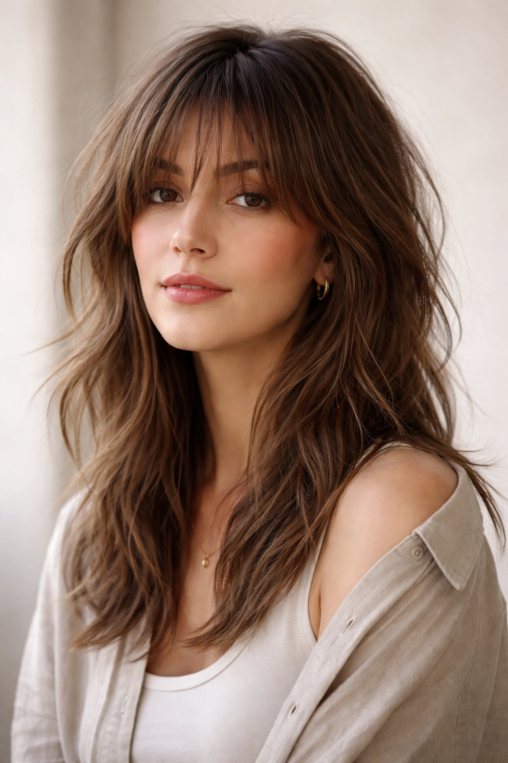 Shag haircut with wispy bangs and layered texture