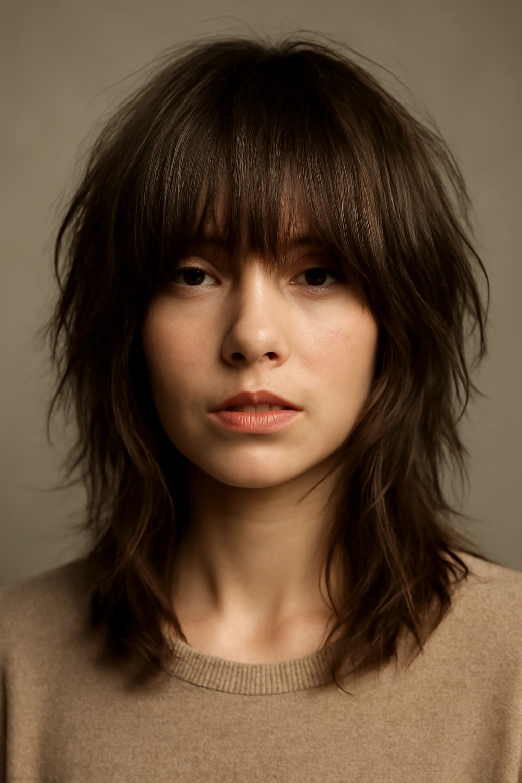 Close-up of a model's head showcasing a shag haircut with extended bangs and textured layers