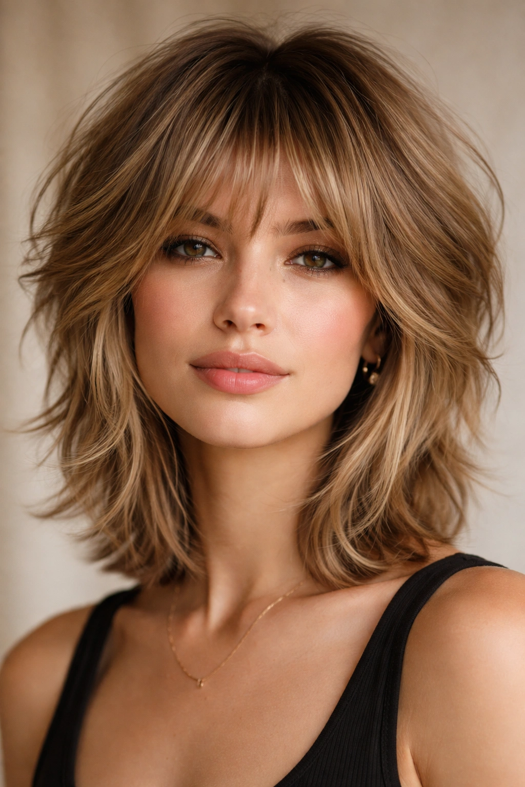 Close-up of a shag haircut with face-framing pieces and voluminous crown