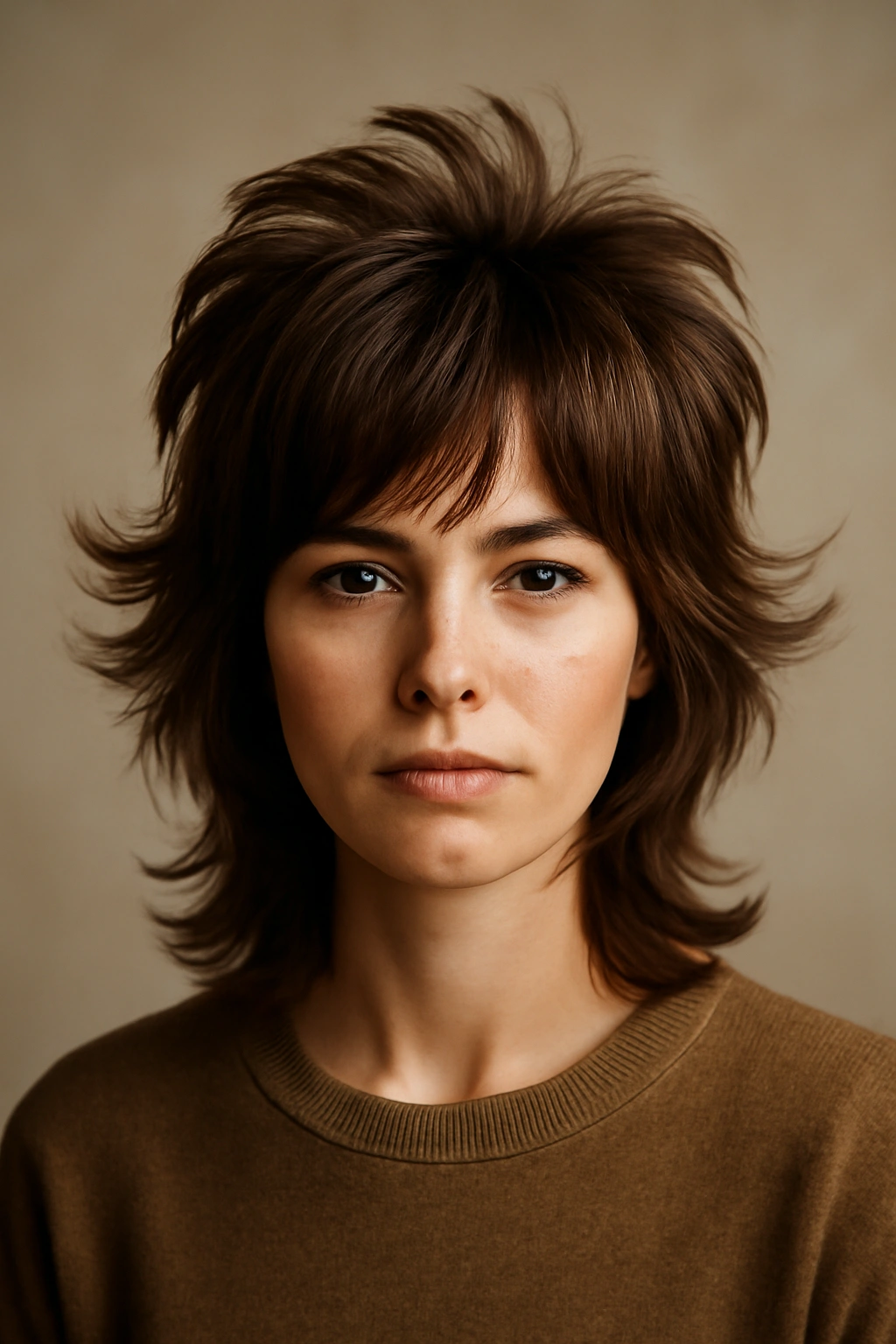 The Flipped-Out Shag hairstyle with flipped crown layers in a retro silhouette, studio portrait.