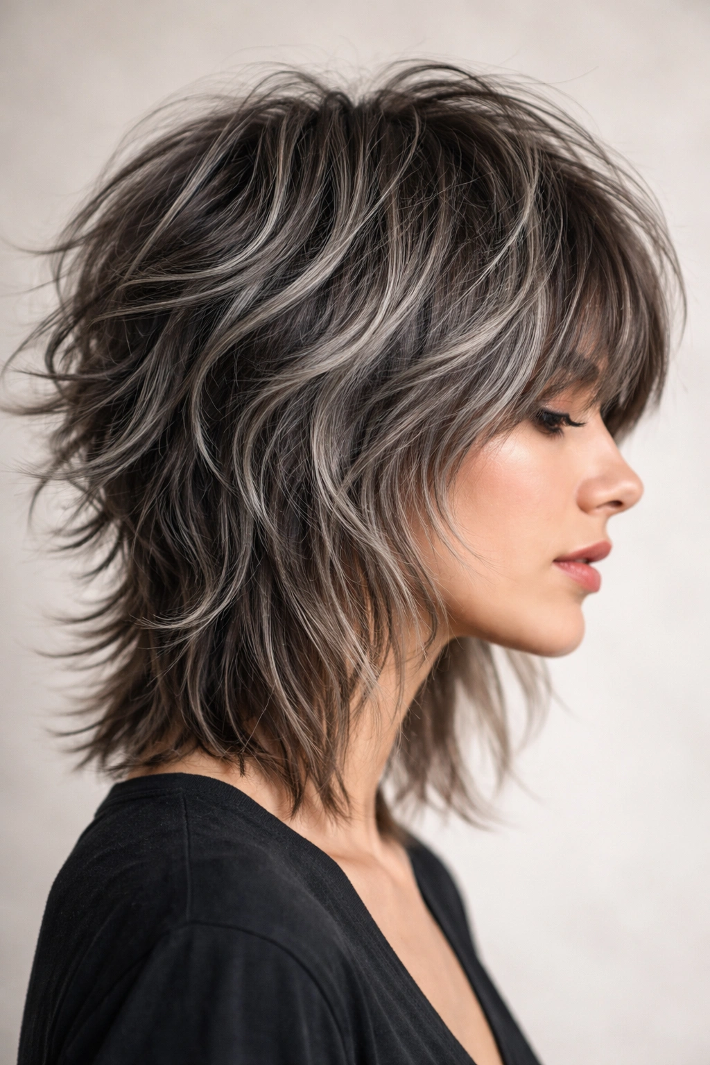 Side profile of a choppy shag showing gray dimension across layers