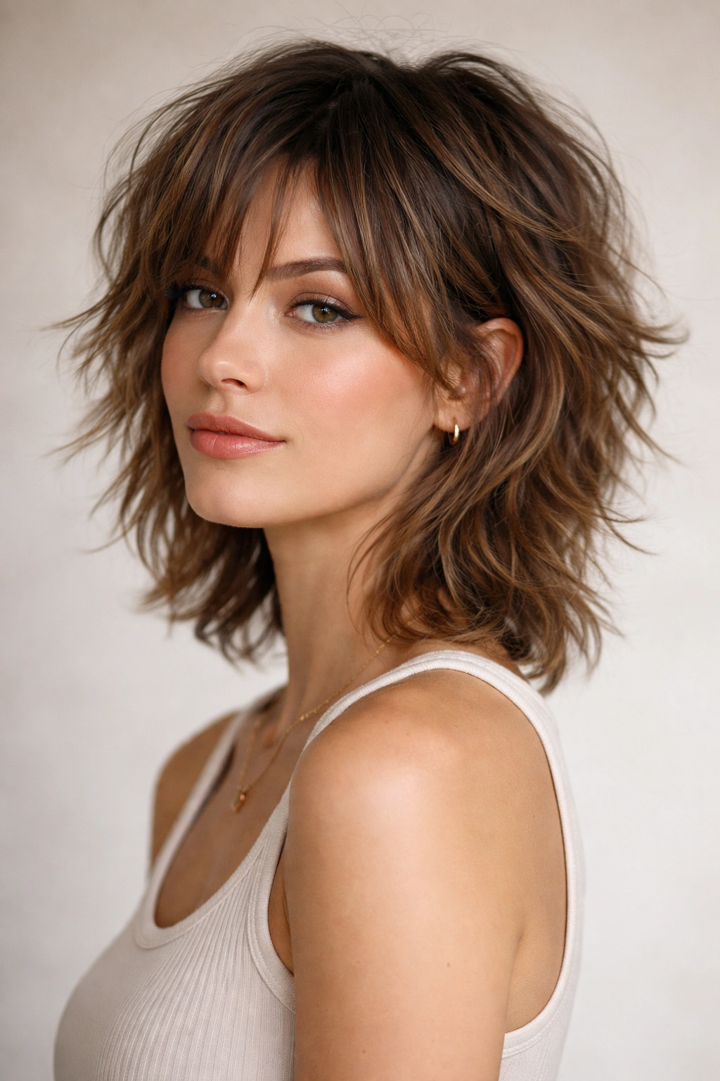 Portrait of a person with a tousled layered shag showing natural waves and layered lengths.