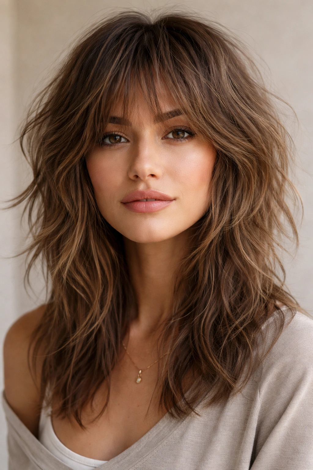 Shag haircut with abundant layers and volume in a studio portrait