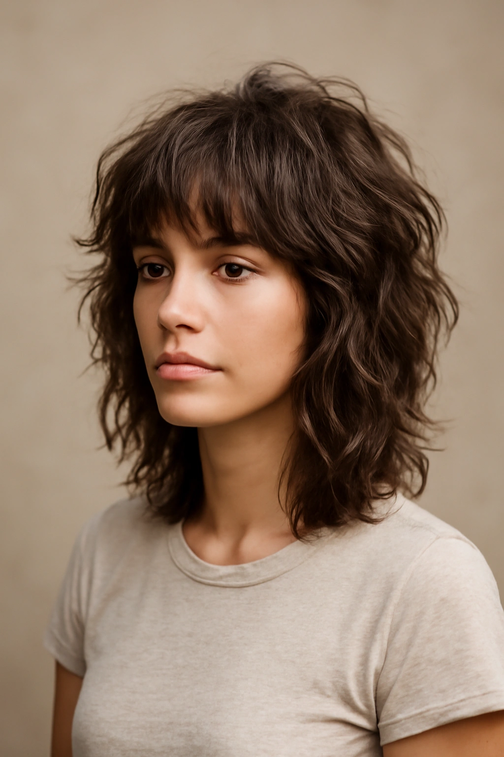Modern shag hairstyle with elevated crown layers and movement