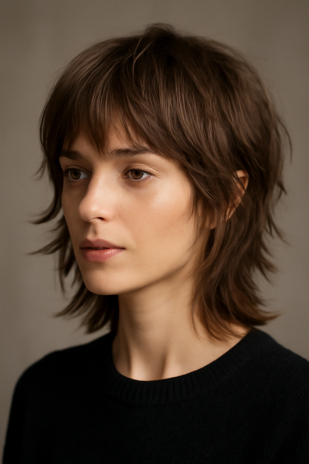 Portrait of a person with a layered shag haircut showing textured layers and movement.