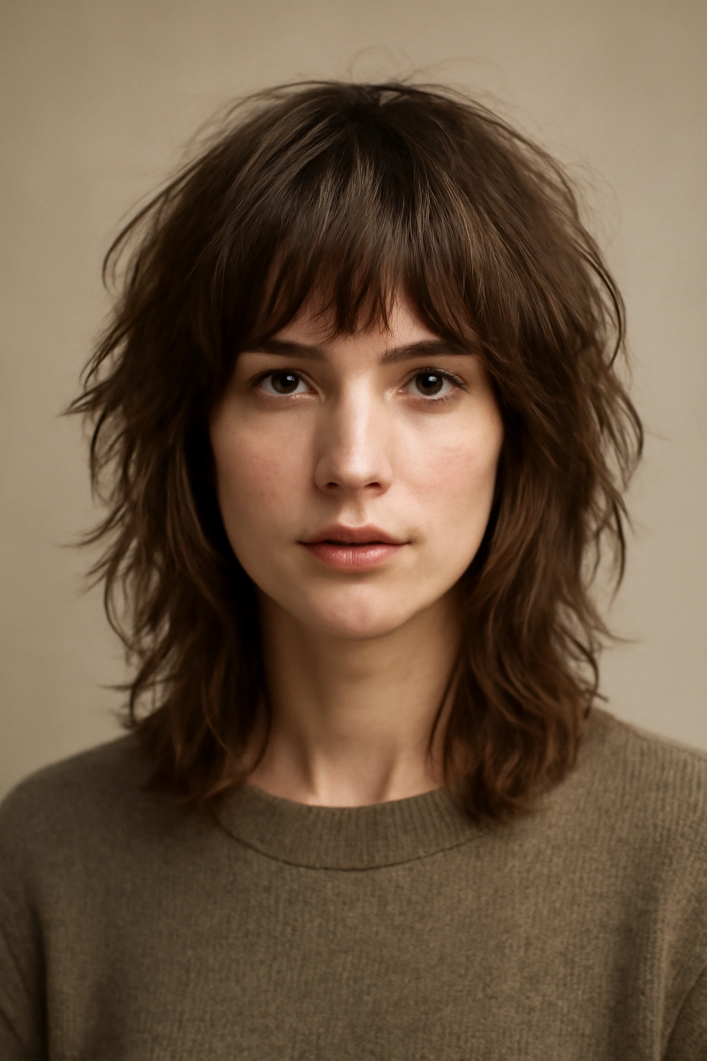 Shoulder-length shag haircut with textured crown and longer underneath