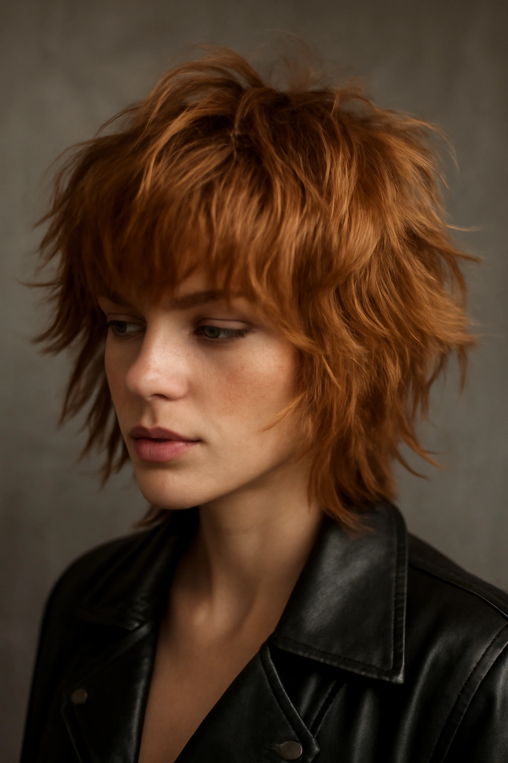 Tousled shag haircut with rocker edge in strawberry blonde