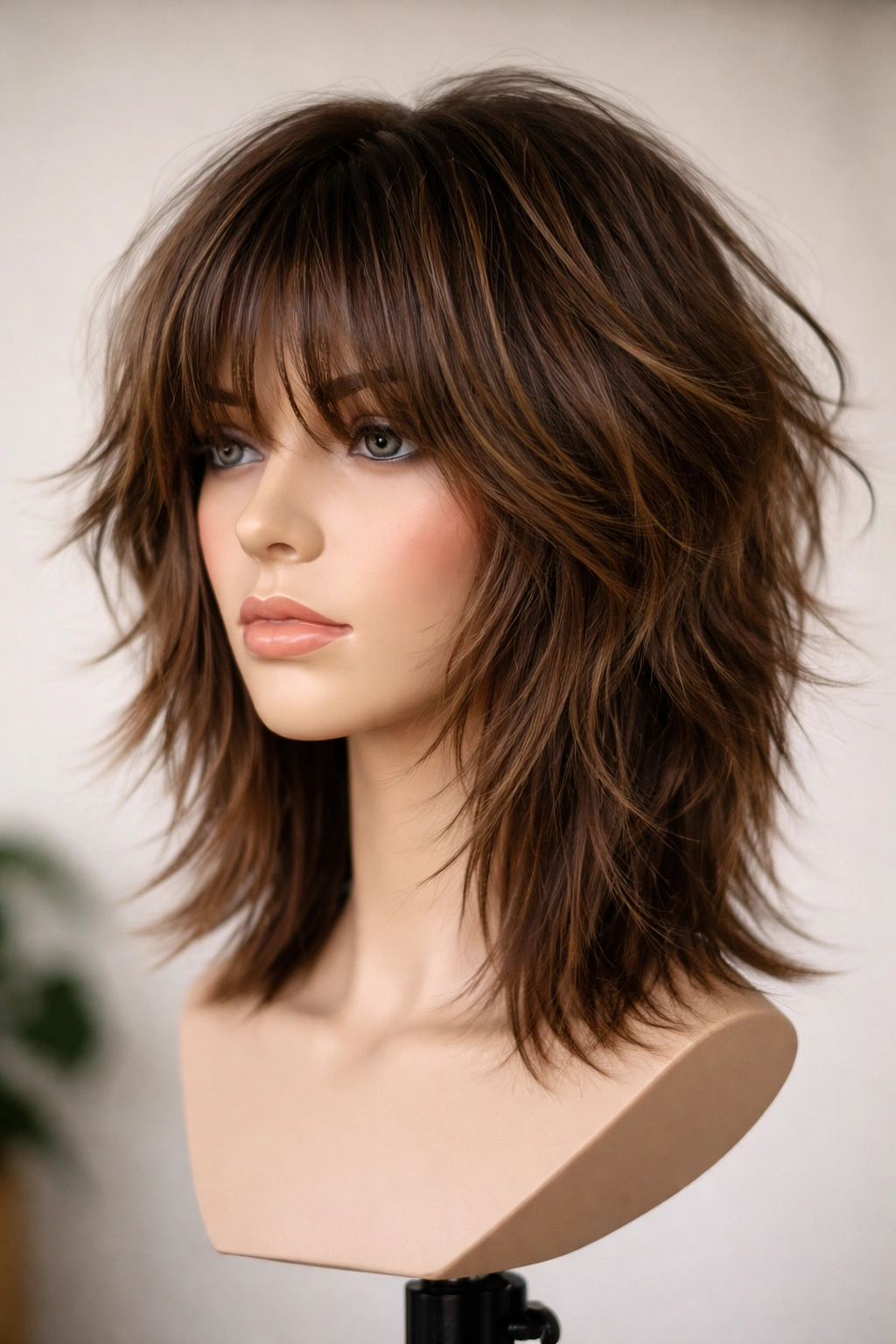 Mannequin head wearing a layered shag cut with cheek-grazing front pieces and textured volume.